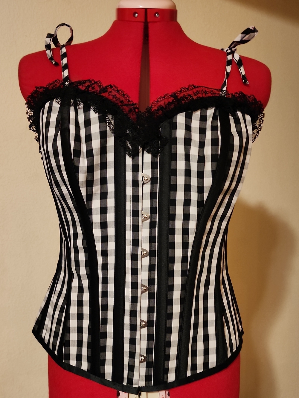 Corset Story Black White Gingham Overbust Corset Lace Trim Ribbon Straps NWT 18